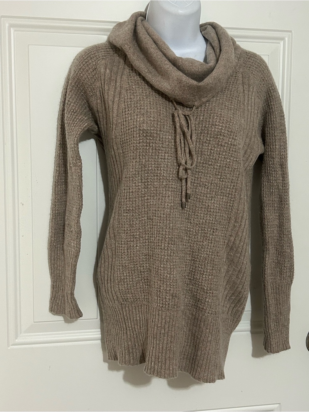 LOFT Taupe Cowl Neck Tunic Sweater with Drawstring